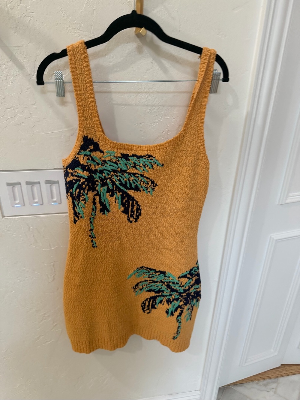 Anthropologie Mustard Yellow Palm-Print Knit Tank Sweater Mini dress